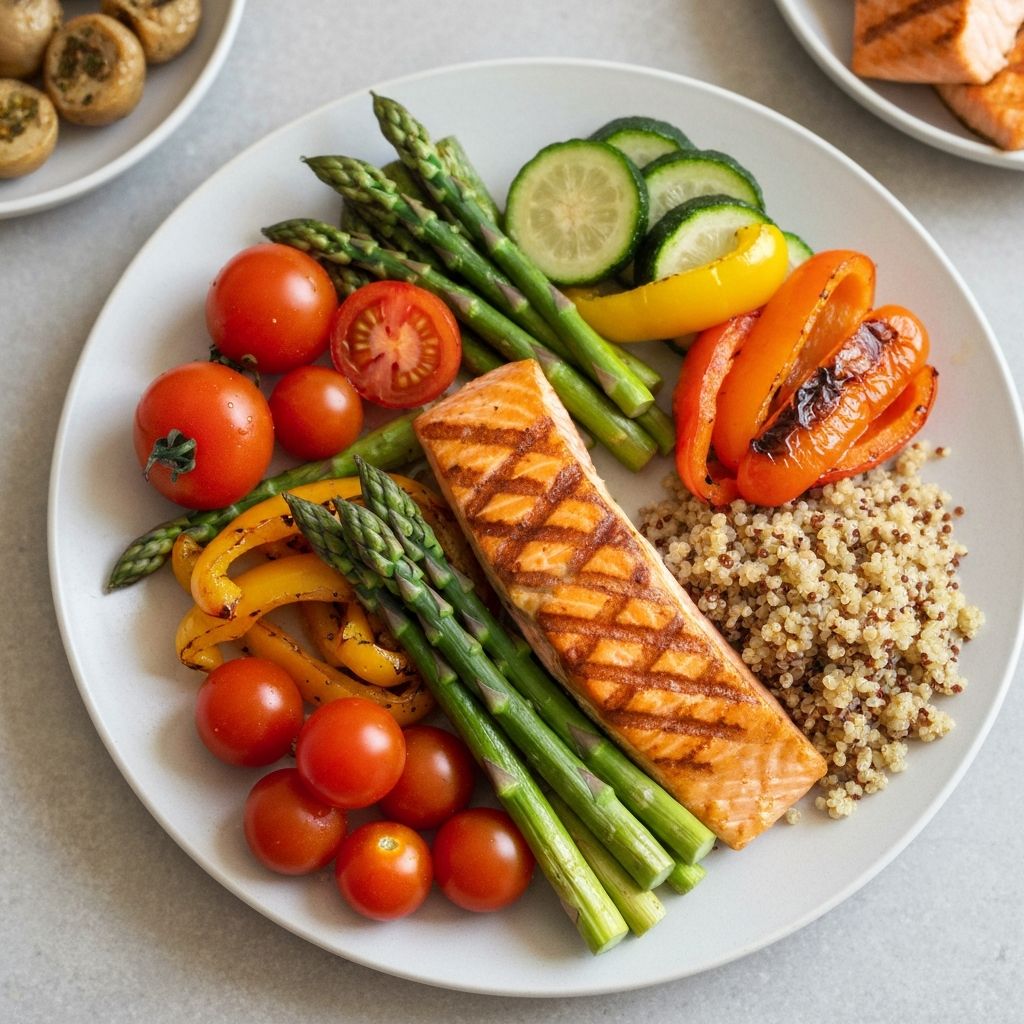 Tasapainoinen lautanen - proteiinit, kasvikset ja hiilihydraatit sopivissa suhteissa