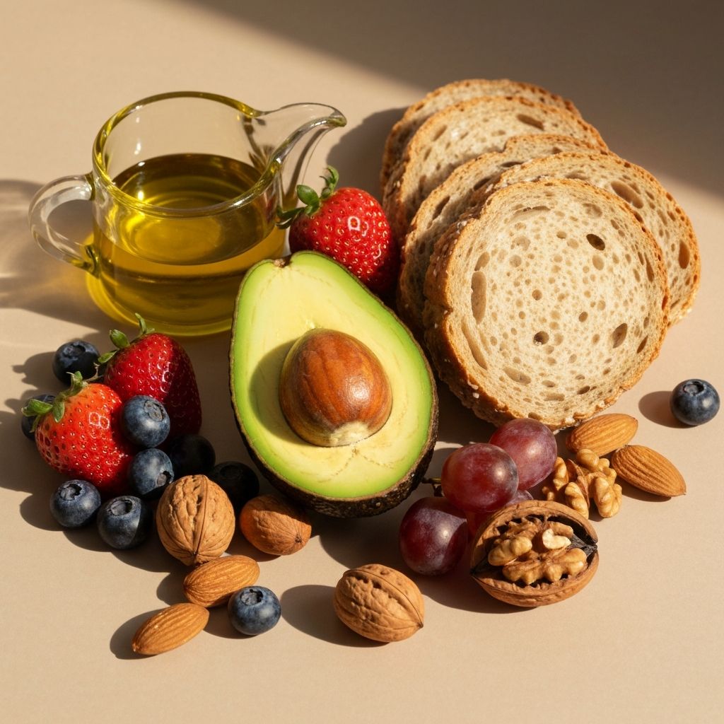 Rasvoja sisältävät elintarvikkeet - oliiviöljy, avokado, pähkinät ja kala