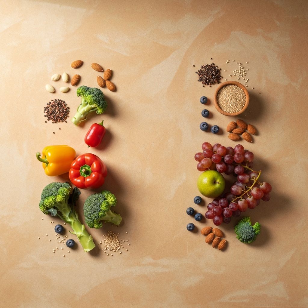 Tasapainoisen ravitsemuksen symboliikka - värikäs kasvisruoka ja luonnon tuotteet