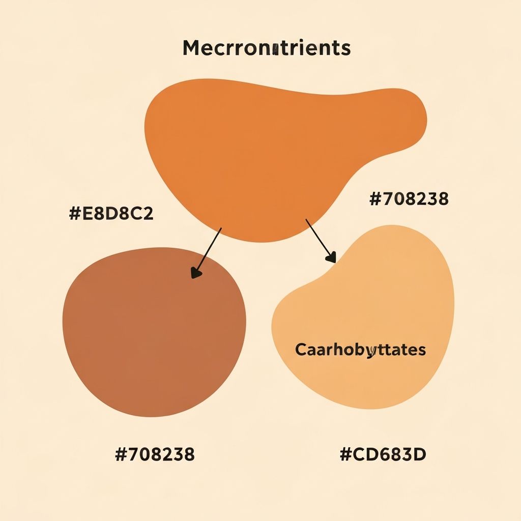 Makroravintoaineet - tasapainoinen kuvitus proteiineista, rasvoista ja hiilihydraateista