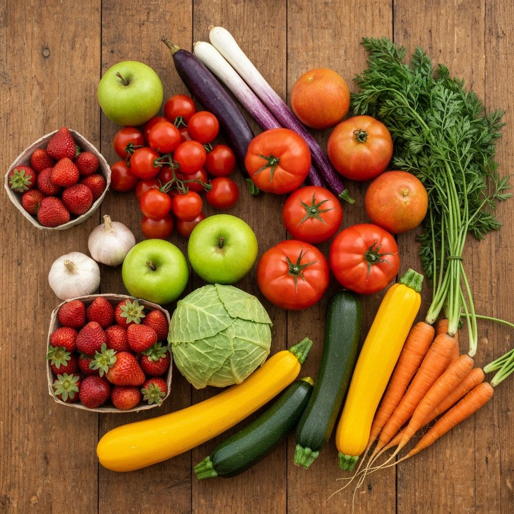 Värikäs sesonkituotteiden valikoima - kevään, kesän, syksyn ja talven kasvikset